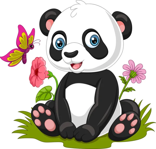 Vektor Ilustrasi Kartun Panda Kecil Duduk Rumput Grafik Vektor