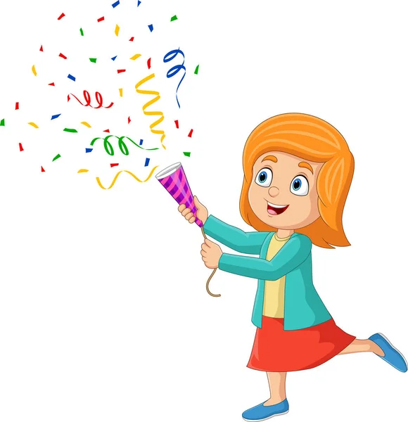 Vector Illustration Cartoon Little Girl Playing Confetti Popper — Stock Vector