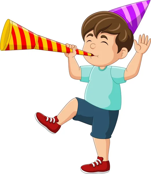 Vector Illustration Cartoon Little Boy Blowing Trumpet — Stock Vector