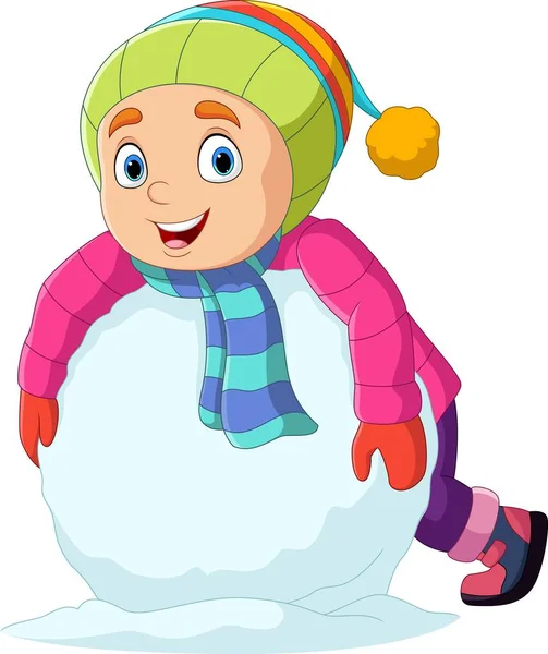 Vektor Illustration Von Cartoon Kleiner Junge Winterkleidung Mit Großem Schneeball — Stockvektor