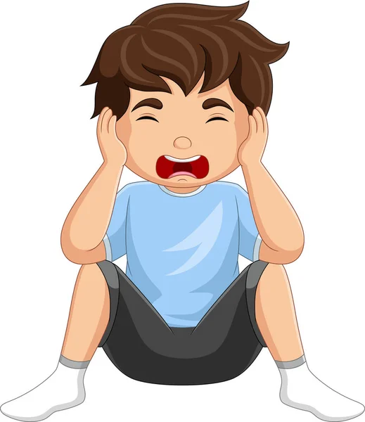 Vector Illustration Cartoon Little Boy Sitting Sad Expression — Stock Vector