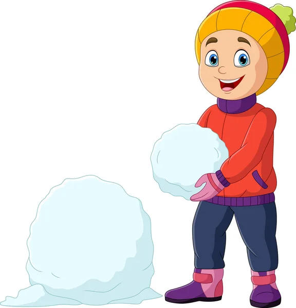 Векторная Иллюстрация Мультяшного Мальчика Зимней Одежде Снежком Векторная Графика