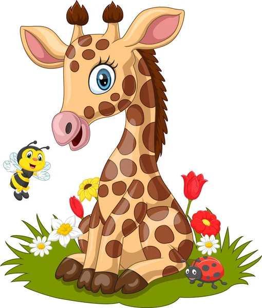 Vektor Illustration Der Kleinen Giraffe Mit Biene Gras — Stockvektor