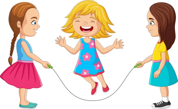 Ilustração Vetorial Desenhos Animados Três Meninas Jogando Corda Salto —  Vetores de Stock