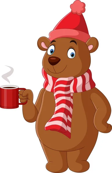漫画クマのベクトルイラストはスカーフを着用し 帽子を保持ホットコーヒー — ストックベクタ