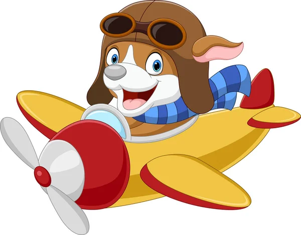 Vector Illustration Cartoon Little Dog Operating Plane — Stock Vector