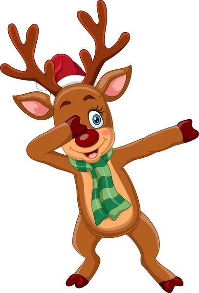 Vector Illustration Cartoon Dabbing Deer Santa Hat Scarf — Stock Vector