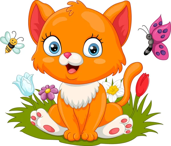 Vector Illustration Cute Little Cat Cartoon Sitting Grass — Stock Vector