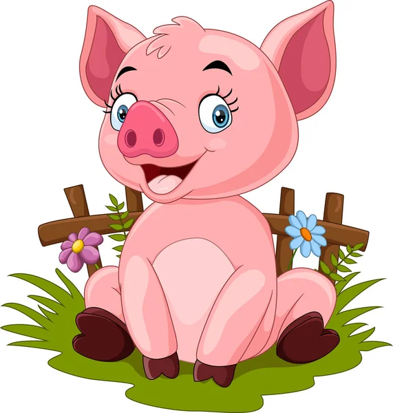 Illustration Vectorielle Bébé Cochon Bande Dessinée Assis Dans Herbe — Image vectorielle