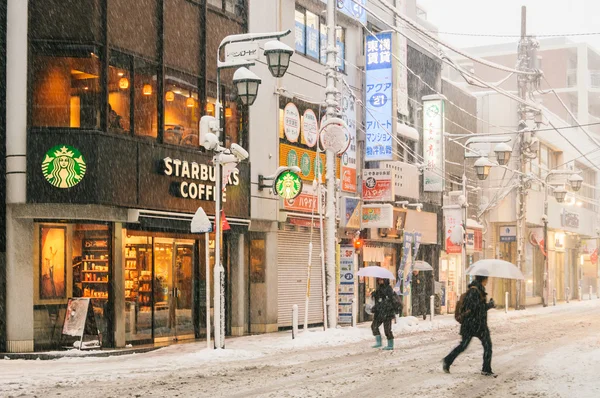 Mensen loopt tijdens sneeuwstorm Stockfoto