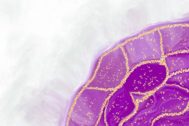 Mor ve mavi Alkol mürekkep sıvısı soyut sanat ile altın parıltısı ve gölgeli sıvı.