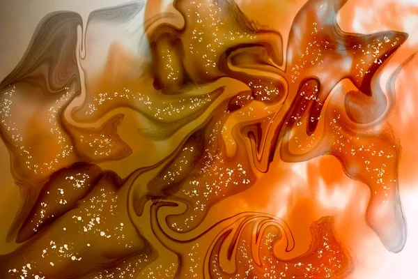橙色和色泽艳丽的暗色醇类油墨流动抽象艺术与黄金光泽和液体与阴影 — 图库照片