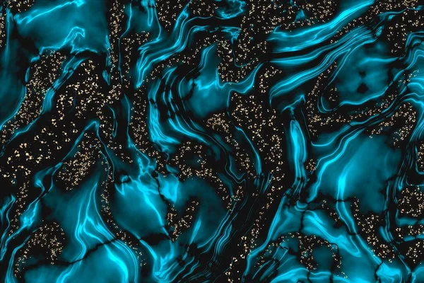 Teal Preto Escuro Tinta Álcool Fluido Arte Abstrata Com Brilho Imagens Royalty-Free