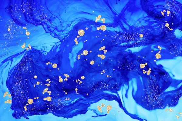 Dark blue with dust and Alcohol ink fluid abstract texture fluid art with gold glitter and liquid with shades