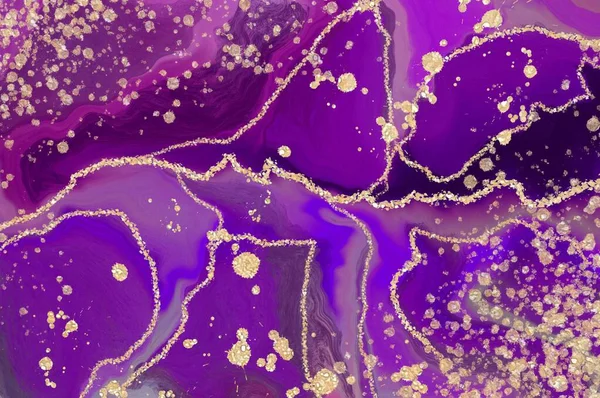 Purple marble with gold lines and drops. Alcohol ink fluid abstract texture fluid art with gold glitter and liquid with shades.