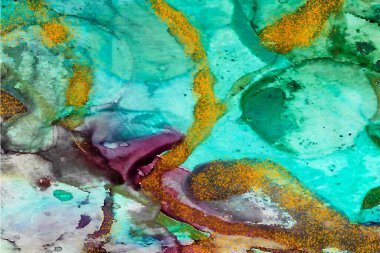 Golden dust on red and green Alcohol ink fluid abstract texture fluid art with gold glitter and liquid with shades.