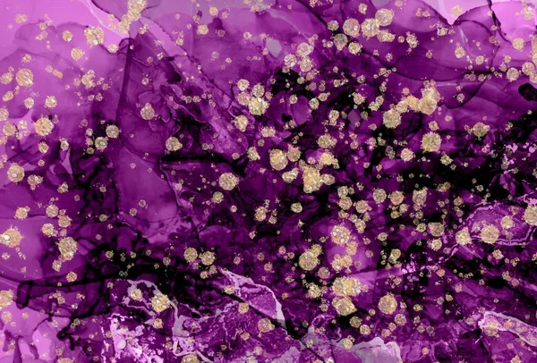 Golden drops on purple Alcohol ink fluid abstract texture fluid art with gold glitter and liquid with shades.