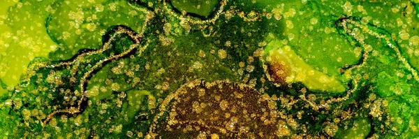 Golden Dust Drops Lines Green Alcohol Ink Fluid Abstract Texture — Stock Photo, Image