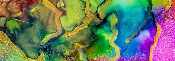 Golden Dust Sides Flowing Golden River Alcohol Ink Fluid Abstract — Stockfoto