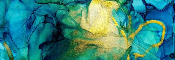 Golden Dust Flakes Blue Green Alcohol Ink Fluid Abstract Texture — Foto de Stock