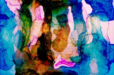 Golden dust in the middle of Alcohol ink fluid abstract texture fluid art with gold glitter and liquid with shades.