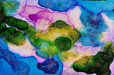 Dark and light blue and green Alcohol ink fluid abstract texture fluid art with gold glitter and liquid with shades.