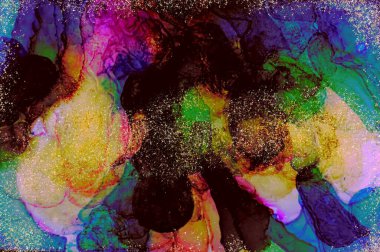 Golden dust on the borders and middle of Alcohol ink fluid abstract texture fluid art with gold glitter and liquid with shades.