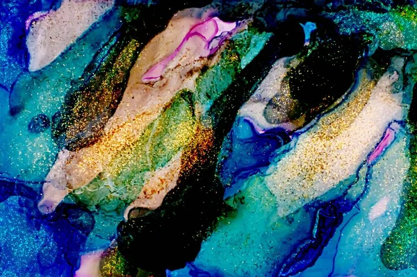 Patches of golden dust on blue and dark green Alcohol ink fluid abstract texture fluid art with gold glitter and liquid with shades.