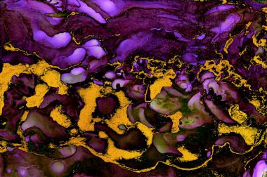 Altın tozu dolu alanlar. Alkol, mürekkep, soyut doku, sıvı sanat, altın parıltısı ve gölgeli sıvı..