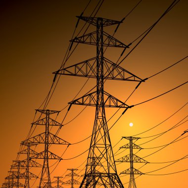 Power lines and setting sun. clipart