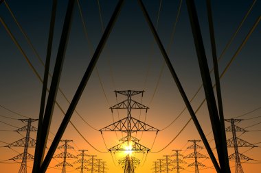 elektrik hatları ve batan güneşin.