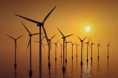 Floating wind turbines at sunset. clipart