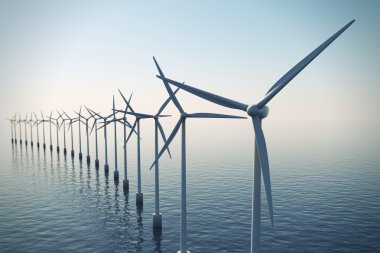 Row of floating wind turbines during hazy day. clipart