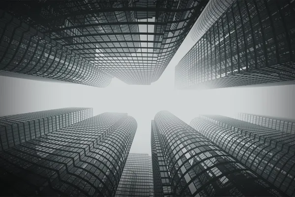 Torres de negócios em nevoeiro com efeito de lente fisheye . — Fotografia de Stock