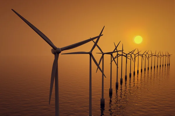 Wiersz pływające turbiny wiatrowe podczas zachodu słońca. — Zdjęcie stockowe