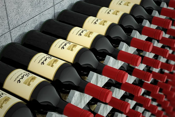 Botellas de vino en un estante de madera . — Foto de Stock