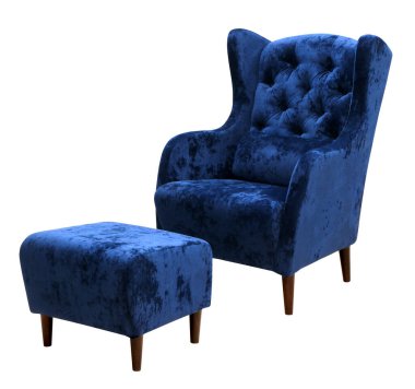 Koltuk ve puf beyaz arka planda izole edilmiş. Kırpma yolu dahil