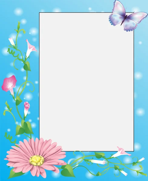 Photo frame with flowers, green plants and bubbles — Stock Vector