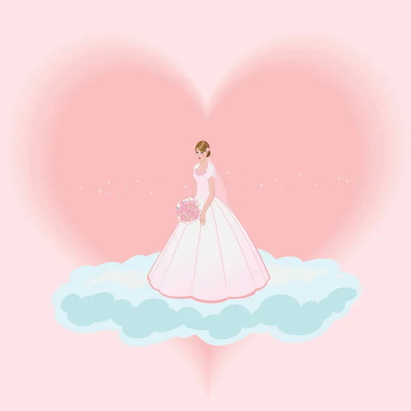 A beautiful young bride in a cloud with the heart in the background — Stock Vector