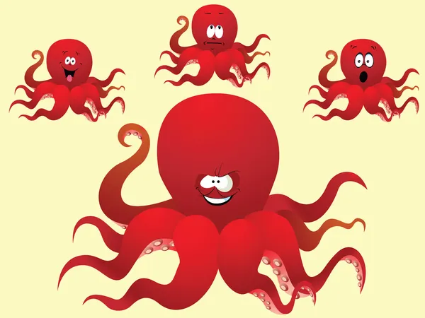 Pulpo de dibujos animados rojo alegre, con una cara diferente. Ilustración vectorial, un conjunto de imágenes . — Vector de stock