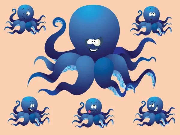 Blue cheerful cartoon octopus, with a different face. Vector illustration, a set of pictures. — Stock Vector