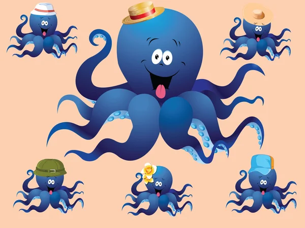 Blue cheerful cartoon octopus, with various accessories ( hat). — Stock Vector