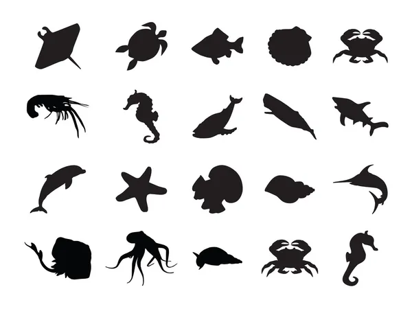 Vector set of silhouettes of 20 marine animals — Stock Vector