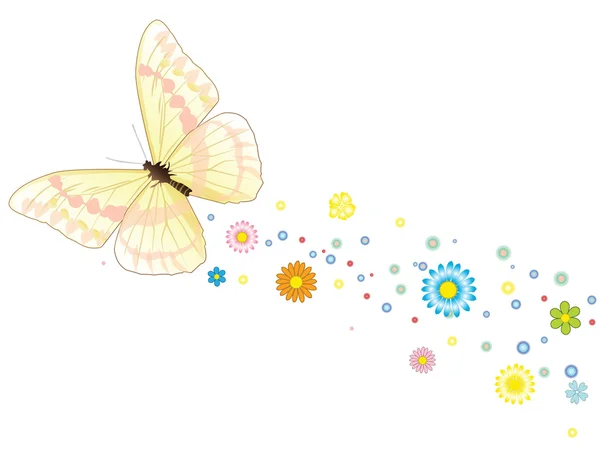 Vector våren lätt, vacker flygande fjäril med ett spår av blommor Stockillustration