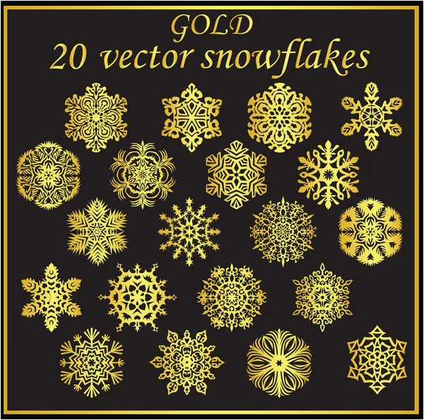 Set flocos de neve de ouro no fundo preto Ilustração De Stock