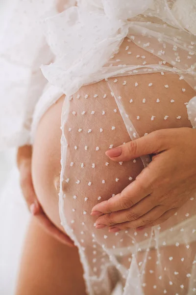 Close Photo Pregnant Womans Belly Pregnant Woman White Dressing Gown — Stock Photo, Image