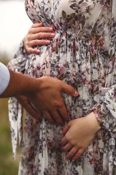 孕妇腹部的近照 丈夫手牵着妻子怀孕的腹部 有着自然的背景 爱的概念 国际家庭概念 祝你怀孕愉快 — 图库照片