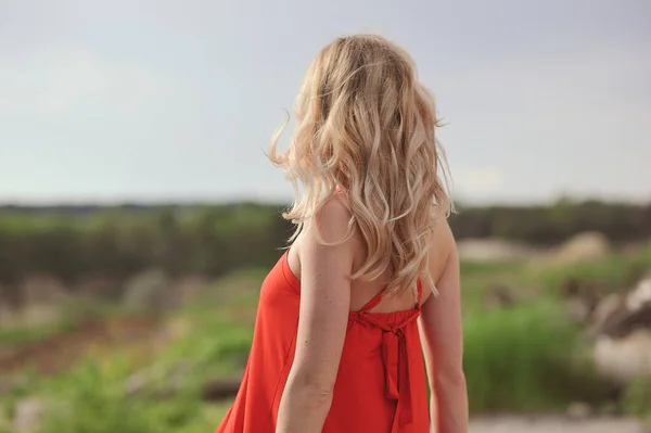 stock image Rear view of blonde woman in red dress looking into the distance at nature. Travelling concept