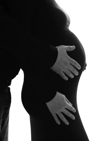 Black White Silhouette Studio Photo Pregnant Woman Black Dress Her — Stockfoto