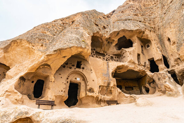 Selime Cathedral Breathtaking Picturesque View of Rock-Cut Houses and Churches on a Blue Sky Day in Summer